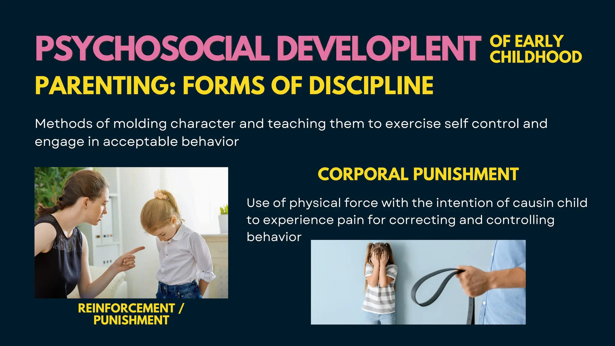 PSYCHOSOCIAL DEVELOPLENT
PSYCHOSOCIAL DEVELOPLENT OF EARLY
CHILDHOOD
PARENTING: FORMS OF DISCIPLINE
Methods of molding character and teaching them to exercise self control and
engage in acceptable behavior
REINFORCEMENT /
PUNISHMENT
CORPORAL PUNISHMENT
Use of physical force with the intention of causin child
to experience pain for correcting and controlling
behavior
 