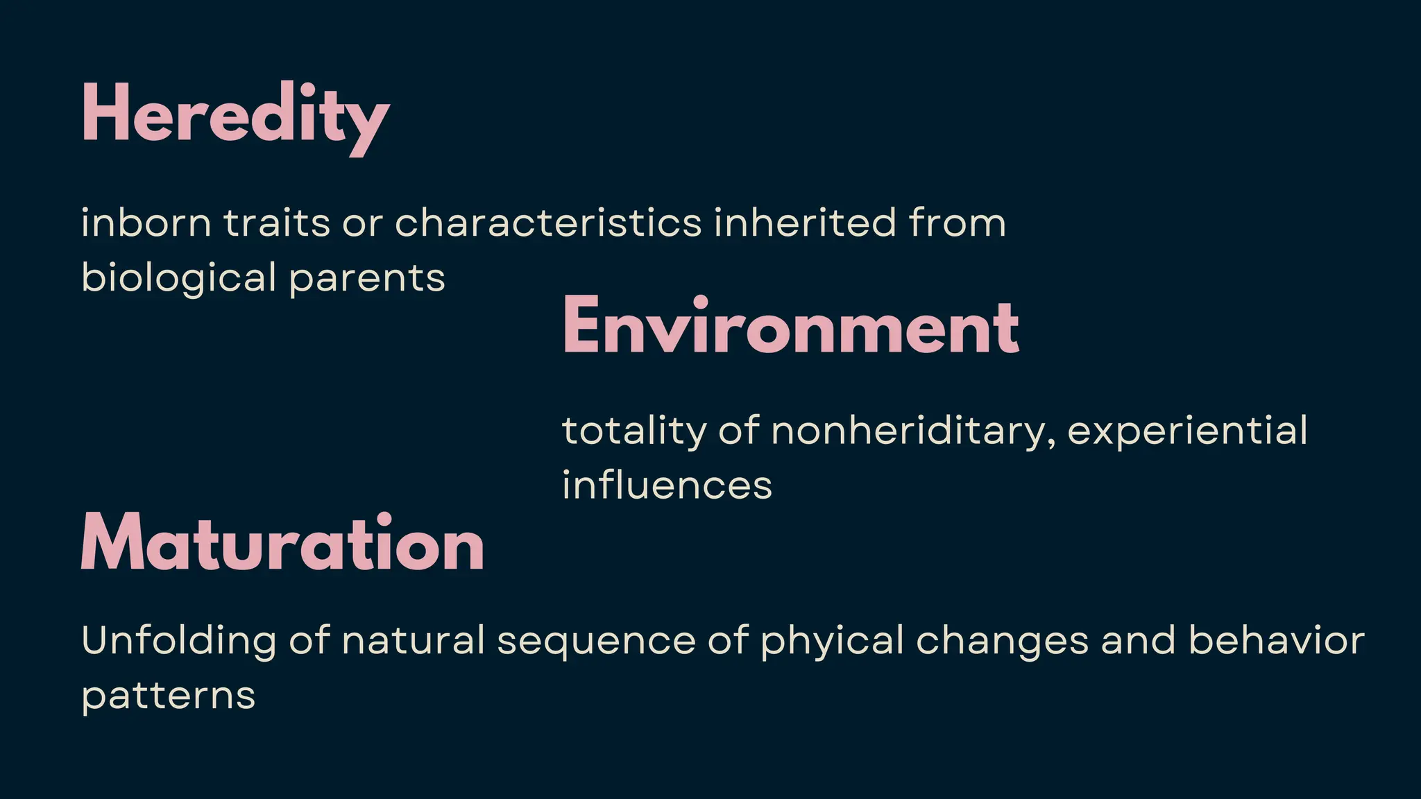 Heredity
inborn traits or characteristics inherited from
biological parents
Maturation
Unfolding of natural sequence of phyical changes and behavior
patterns
Environment
totality of nonheriditary, experiential
influences
 