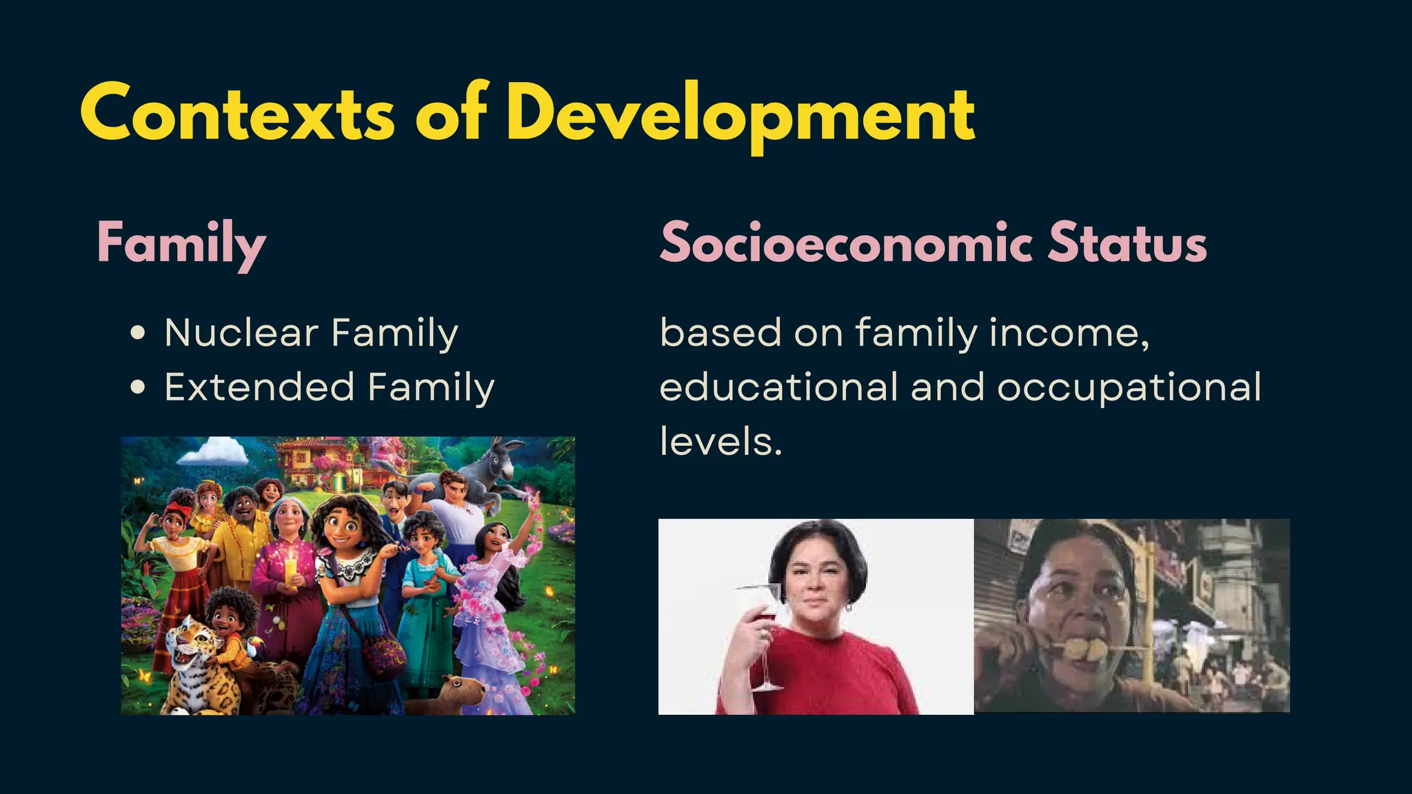 Contexts of Development
Family
Nuclear Family
Extended Family
Socioeconomic Status
based on family income,
educational and occupational
levels.
 