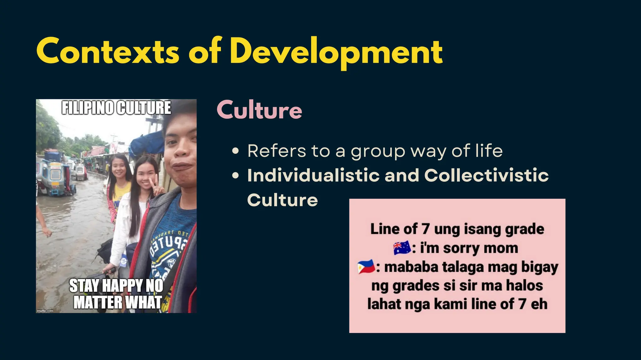 Contexts of Development
Culture
Refers to a group way of life
Individualistic and Collectivistic
Culture
 