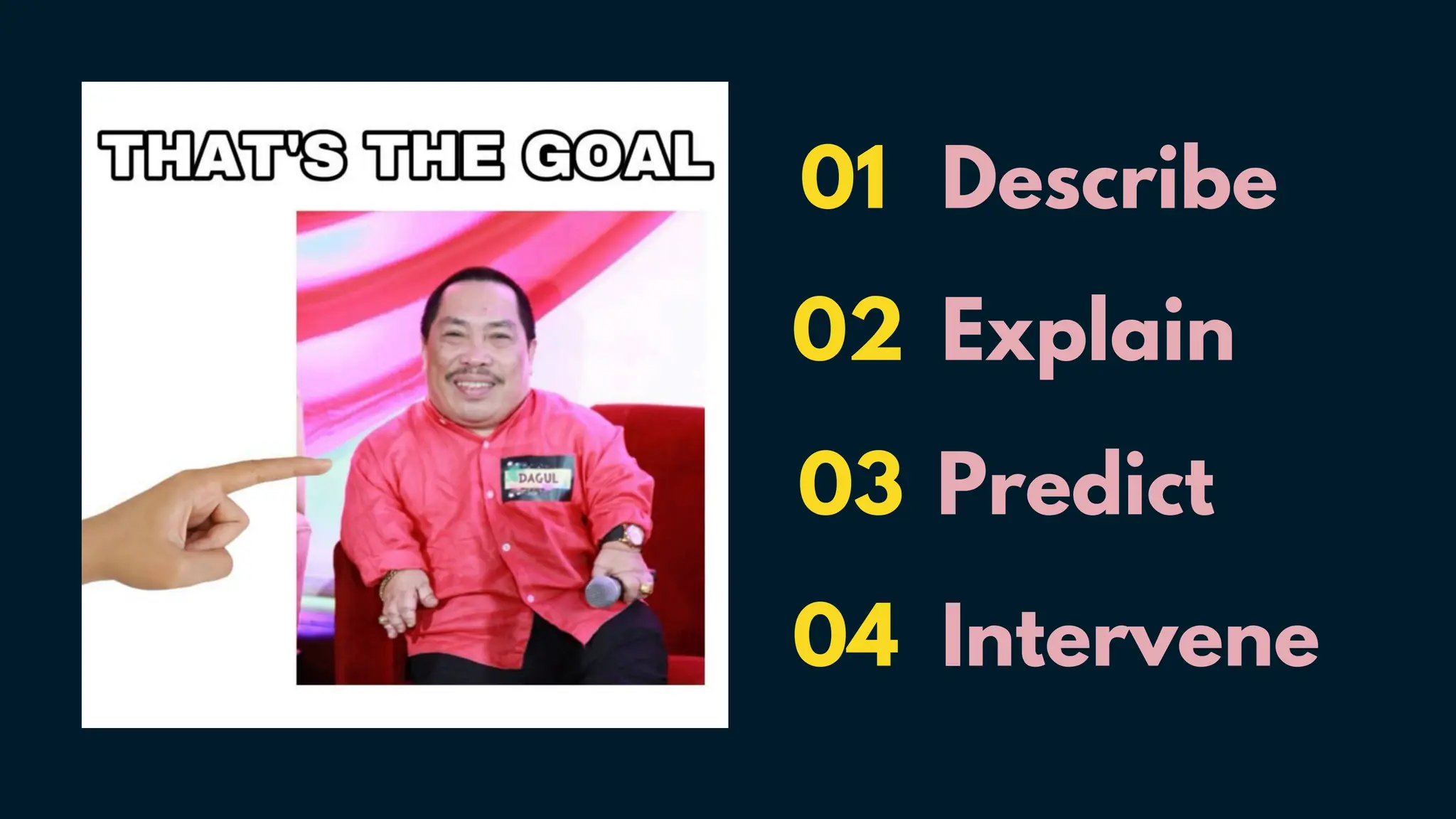 Describe
01
Explain
02
Predict
03
Intervene
04
 