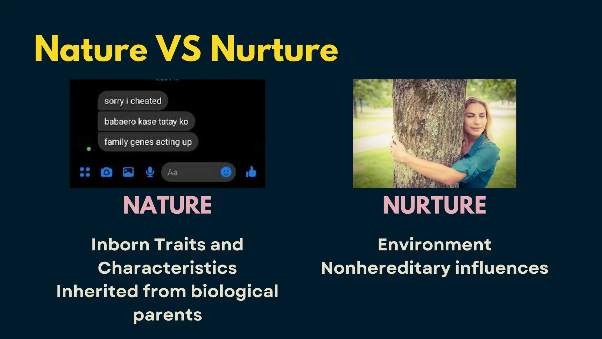 Nature VS Nurture
NATURE
Inborn Traits and
Characteristics
Inherited from biological
parents
NURTURE
Environment
Nonhereditary influences
 