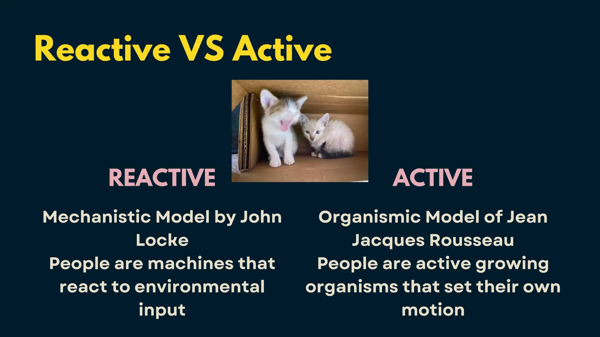 Reactive VS Active
REACTIVE
Mechanistic Model by John
Locke
People are machines that
react to environmental
input
ACTIVE
Organismic Model of Jean
Jacques Rousseau
People are active growing
organisms that set their own
motion
 