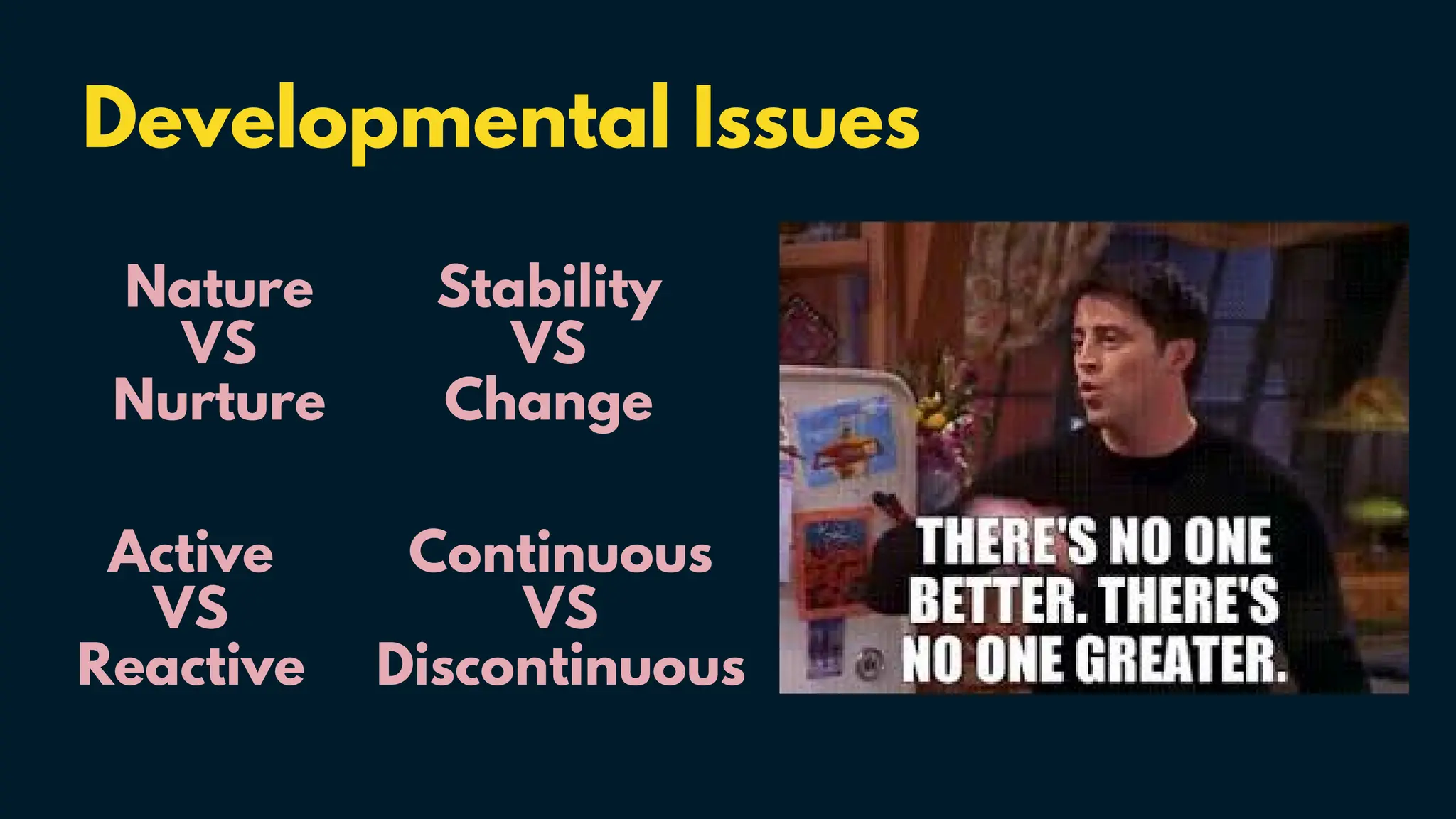 Developmental Issues
Nature
VS
Nurture
Stability
VS
Change
Active
VS
Reactive
Continuous
VS
Discontinuous
 