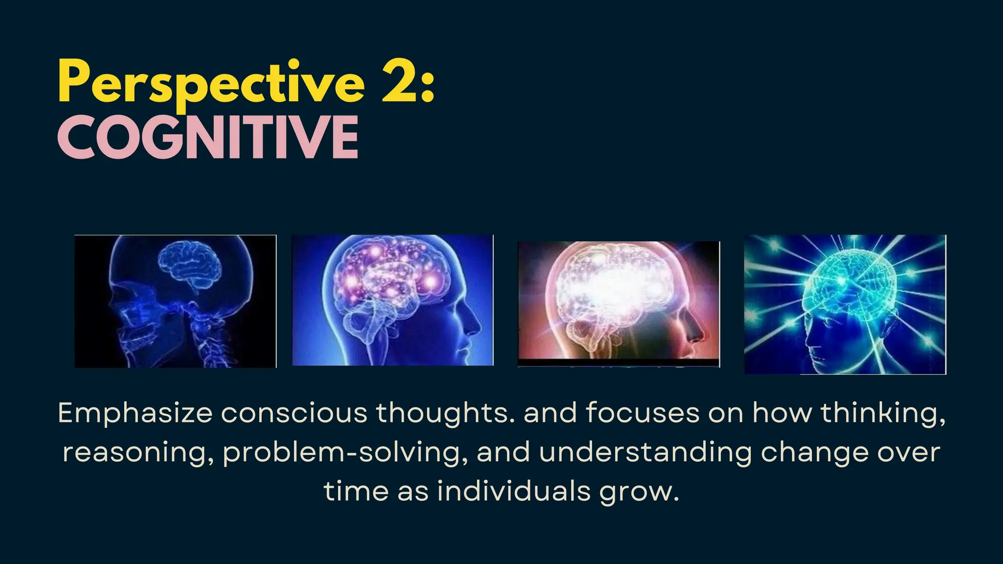 Perspective 2:
COGNITIVE
Emphasize conscious thoughts. and focuses on how thinking,
reasoning, problem-solving, and understanding change over
time as individuals grow.
 