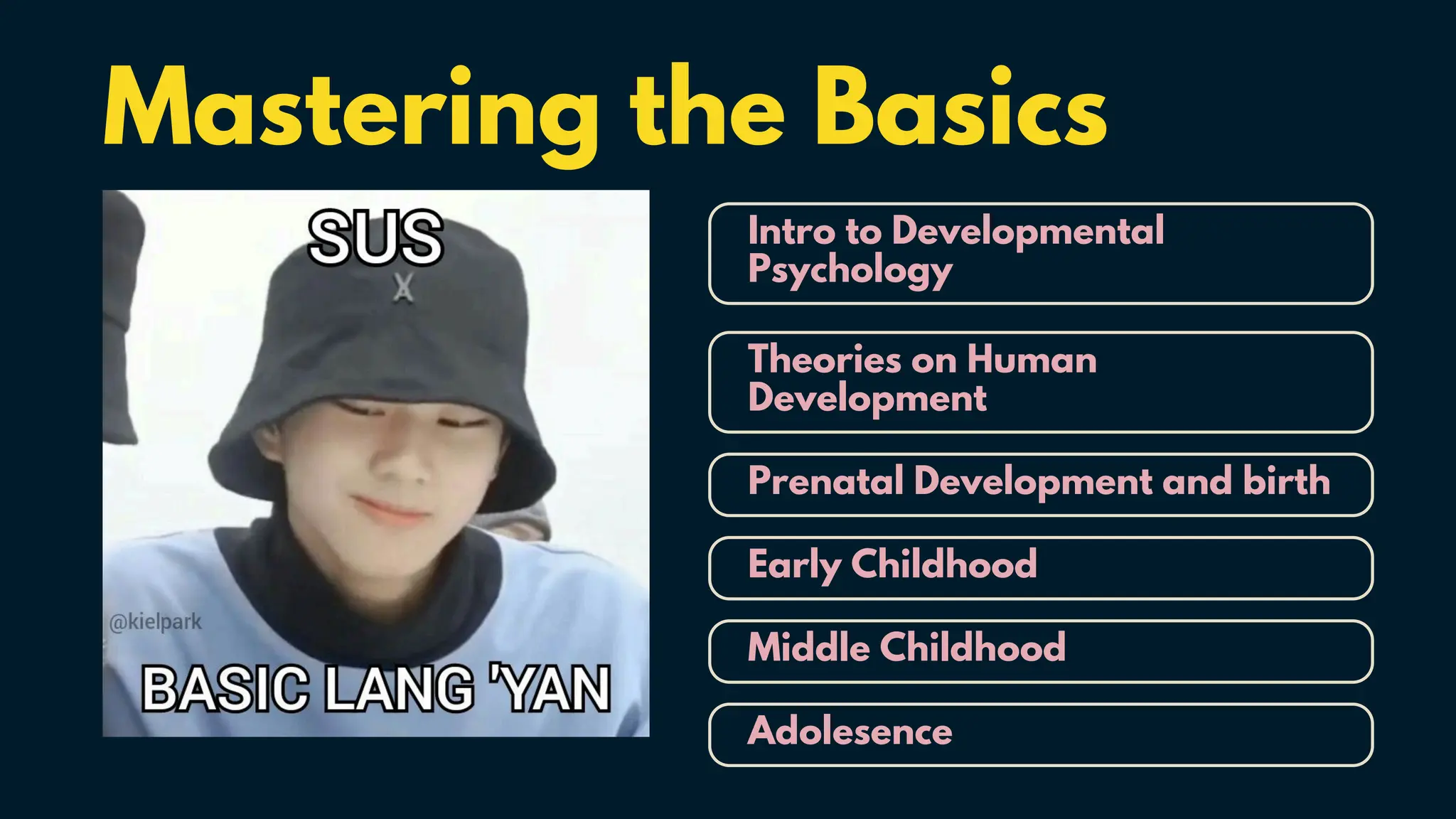 Intro to Developmental
Psychology
Prenatal Development and birth
Middle Childhood
Early Childhood
Theories on Human
Development
Mastering the Basics
Adolesence
 