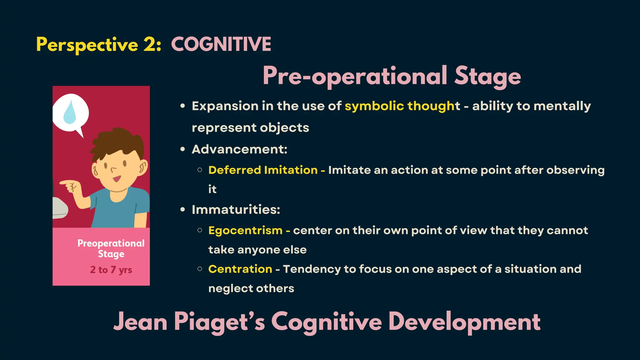 Perspective 2: COGNITIVE
Jean Piaget’s Cognitive Development
Pre-operational Stage
Expansion in the use of symbolic thought - ability to mentally
represent objects
Advancement:
Deferred Imitation - Imitate an action at some point after observing
it
Immaturities:
Egocentrism - center on their own point of view that they cannot
take anyone else
Centration - Tendency to focus on one aspect of a situation and
neglect others
 