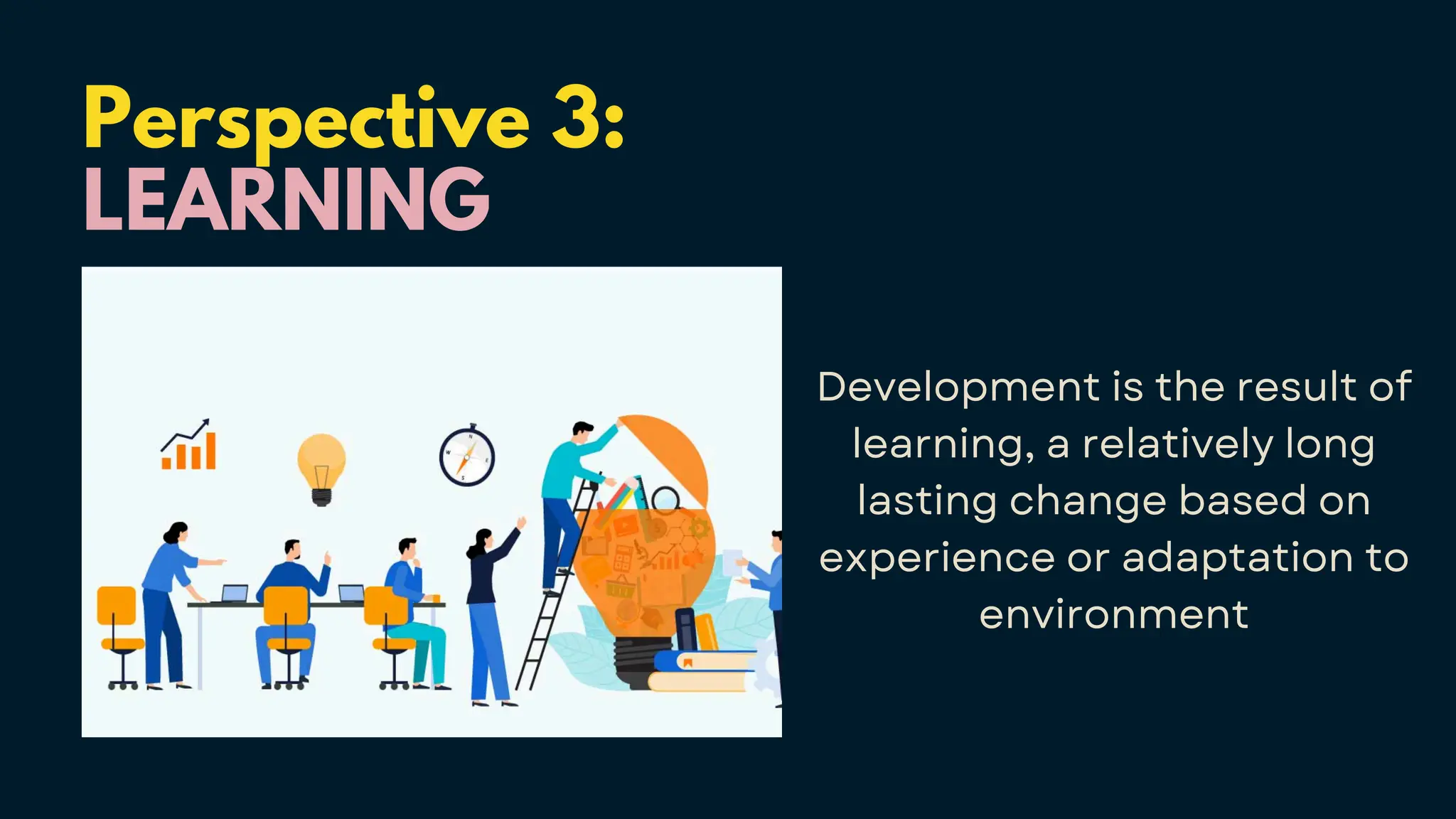 Perspective 3:
LEARNING
Development is the result of
learning, a relatively long
lasting change based on
experience or adaptation to
environment
 