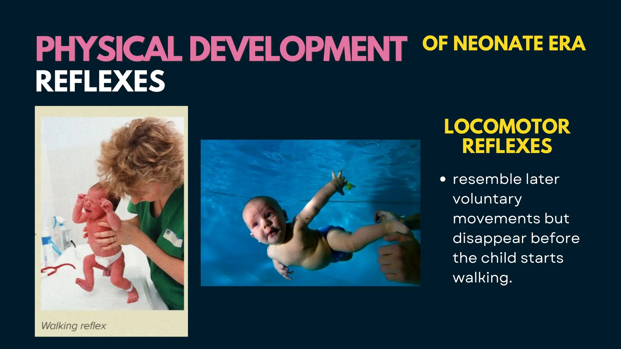 PHYSICAL DEVELOPMENT
PHYSICAL DEVELOPMENT OF NEONATE ERA
LOCOMOTOR
REFLEXES
resemble later
voluntary
movements but
disappear before
the child starts
walking.
REFLEXES
 