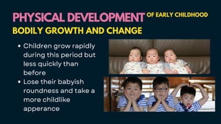 PHYSICAL DEVELOPMENT
PHYSICAL DEVELOPMENT OF EARLY CHILDHOOD
BODILY GROWTH AND CHANGE
Children grow rapidly
during this period but
less quickly than
before
Lose their babyish
roundness and take a
more childlike
apperance
 