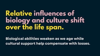 Relative influences of
biology and culture shift
over the life span.
Biological abilities weaken as we age while
cultural support help compensate with losses.
 