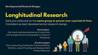 Developmental Research Designs
Data are collected on the same group or person over a period of time.
Considers as best developmental research design.
Advantages:
Can track individual pattterns of continuity
and change that are comparable to others in
the group.
Disadvantages:
Time consuming, Expensive, Practice Effects,
Attrition, Loss of Funding and Development
of New Measures
Longhitudinal Research
 
