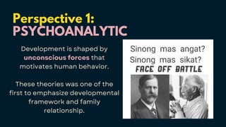 Perspective 1:
PSYCHOANALYTIC
Development is shaped by
unconscious forces that
motivates human behavior.
These theories was one of the
first to emphasize developmental
framework and family
relationship.
 