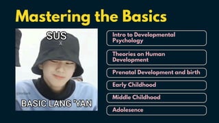 Intro to Developmental
Psychology
Prenatal Development and birth
Middle Childhood
Early Childhood
Theories on Human
Development
Mastering the Basics
Adolesence
 