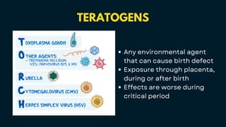 TERATOGENS
Any environmental agent
that can cause birth defect
Exposure through placenta,
during or after birth
Effects are worse during
critical period
 