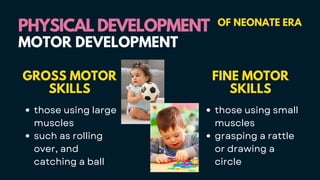 PHYSICAL DEVELOPMENT
PHYSICAL DEVELOPMENT OF NEONATE ERA
GROSS MOTOR
SKILLS
those using large
muscles
such as rolling
over, and
catching a ball
MOTOR DEVELOPMENT
FINE MOTOR
SKILLS
those using small
muscles
grasping a rattle
or drawing a
circle
 