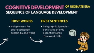 FIRST WORDS
Holophrase - An
entire sentence
explain by one word
(
COGNITIVE DEVELOPMENT
COGNITIVE DEVELOPMENT OF NEONATE ERA
SEQUENCE OF LANGUAGE DEVELOPMENT
FIRST SENTENCES
Telegraphic Speech -
consisting of only
essential words
(me want milk)
 