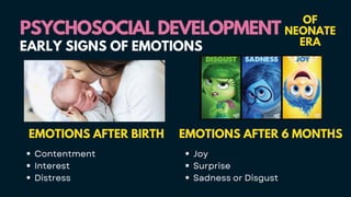PSYCHOSOCIAL DEVELOPMENT
PSYCHOSOCIAL DEVELOPMENT
OF
NEONATE
ERA
EARLY SIGNS OF EMOTIONS
EMOTIONS AFTER 6 MONTHS
Joy
Surprise
Sadness or Disgust
EMOTIONS AFTER BIRTH
Contentment
Interest
Distress
 