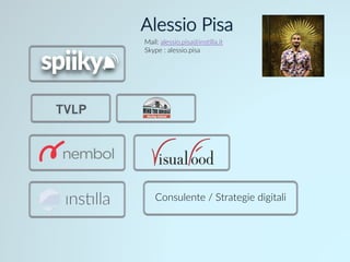TVLP
Consulente  /  Strategie  digitali  
Mail:  alessio.pisa@ins6lla.it  
Skype  :  alessio.pisa  
 