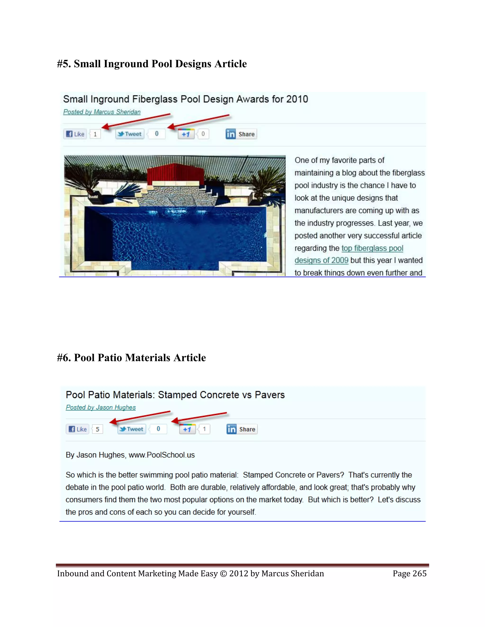 #5. Small Inground Pool Designs Article




#6. Pool Patio Materials Article




Inbound and Content Marketing Made Easy © 2012 by Marcus Sheridan   Page 265
 