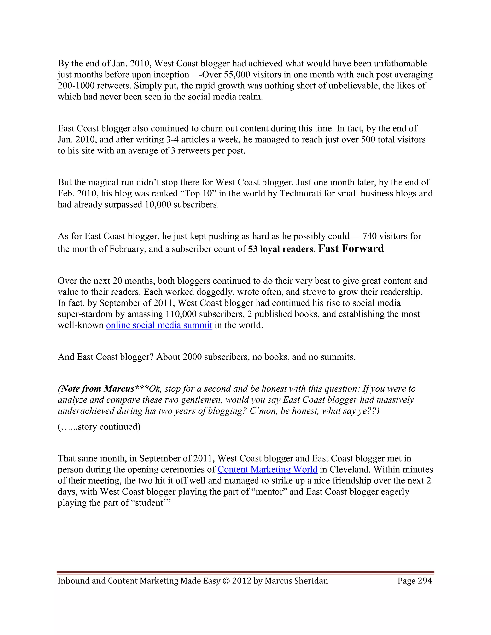By the end of Jan. 2010, West Coast blogger had achieved what would have been unfathomable
just months before upon inception—-Over 55,000 visitors in one month with each post averaging
200-1000 retweets. Simply put, the rapid growth was nothing short of unbelievable, the likes of
which had never been seen in the social media realm.


East Coast blogger also continued to churn out content during this time. In fact, by the end of
Jan. 2010, and after writing 3-4 articles a week, he managed to reach just over 500 total visitors
to his site with an average of 3 retweets per post.


But the magical run didn’t stop there for West Coast blogger. Just one month later, by the end of
Feb. 2010, his blog was ranked “Top 10” in the world by Technorati for small business blogs and
had already surpassed 10,000 subscribers.


As for East Coast blogger, he just kept pushing as hard as he possibly could—-740 visitors for
the month of February, and a subscriber count of 53 loyal readers. Fast Forward


Over the next 20 months, both bloggers continued to do their very best to give great content and
value to their readers. Each worked doggedly, wrote often, and strove to grow their readership.
In fact, by September of 2011, West Coast blogger had continued his rise to social media
super-stardom by amassing 110,000 subscribers, 2 published books, and establishing the most
well-known online social media summit in the world.


And East Coast blogger? About 2000 subscribers, no books, and no summits.


(Note from Marcus***Ok, stop for a second and be honest with this question: If you were to
analyze and compare these two gentlemen, would you say East Coast blogger had massively
underachieved during his two years of blogging? C’mon, be honest, what say ye??)
(…...story continued)


That same month, in September of 2011, West Coast blogger and East Coast blogger met in
person during the opening ceremonies of Content Marketing World in Cleveland. Within minutes
of their meeting, the two hit it off well and managed to strike up a nice friendship over the next 2
days, with West Coast blogger playing the part of “mentor” and East Coast blogger eagerly
playing the part of “student’”




Inbound and Content Marketing Made Easy © 2012 by Marcus Sheridan                         Page 294
 