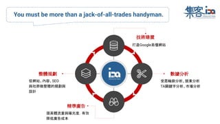 技術建置
數據分析
精準廣告
整體規劃
You must be more than a jack-of-all-trades handyman.
從網站、內容、SEO
與社群做整體的規劃與
設計
打造Google易懂網站
受眾輪廓分析、競業分析
TA關鍵字分析、市場分析
提高體流量與曝光度，有效
降低廣告成本
 