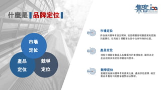 什麼是 品牌定位
市場
定位
產品
定位
競爭
定位
市場定位
將自身與競爭者區分開來，使目標顧客明顯感覺和認識
到差異性，從而在目標顧客心目中占有特殊的位置。
產品定位
理解目標顧客對產品各種屬性的重視程度，繼而決定
產品規格來滿足目標顧客的需求。
競爭定位
當確認自身與競爭者的差異化後，通過評估選擇，確定
對自身最有利的競爭優勢加以開發。
 