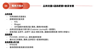 品牌流量
- 社群與廣告流量優先
- 建構推薦流量來源
- KOL
- Blogger.
- 合作通路的推薦流量（團爸、團媽的粉絲團）
- 品牌自然流量或口碑行銷 (Customer Journey的一個環節)
- 直接流量（品牌字、品牌字 +產品）搭配活動、議題與媒體拓展（搜尋口碑優化）
通路經營
- PCHOME、MOMO etc. 選對通路很重要
- 養好自己的團爸、團媽 (品牌信任+直接銷售通路)
會員經營&再行銷
- RFM分析
- 會員經營與會員廣告投放策略
電商方程式04 品牌流量X通路經營X會員智慧
 