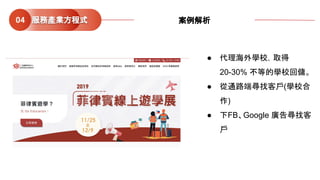 服務產業方程式04 案例解析
● 代理海外學校，取得
20-30% 不等的學校回傭。
● 從通路端尋找客戶(學校合
作)
● 下FB、Google 廣告尋找客
戶
 