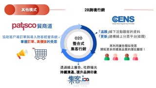 協助客戶導訂單與導入熟客經營系統
掌握訂單、高價值的受眾
「追蹤」線下活動顧客的資料
「更新」建構線上分眾平台(媒體)
透過線上廣告、社群曝光
持續溝通、提升品牌印象
O2O
整合式
集客行銷
再利用廣告類似受眾
開拓更多同樣高品質的潛在顧客！
其他模式 2B跨境行銷
 