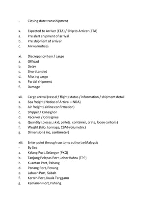 - Closing date transshipment
x. Expected to Arriver (ETA) / Ship to Arriver (STA)
a. Pre alert shipment of arrival
b. Pre shipmentof arriver
c. Arrivalnotices
xi. Discrepancy item / cargo
a. Offload
b. Delay
c. ShortLanded
d. Missing cargo
e. Partial shipment
f. Damage
xii. Cargo arrival(vessel/ flight) status / information / shipment detail
a. Sea freight (Notice of Arrival – NOA)
b. Air freight (airline confirmation)
c. Shipper / Consignor
d. Receiver / Consignee
e. Quantity (pieces, skid, pallets, container, crate, loose cartons)
f. Weight (kilo, tonnage, CBM-volumetric)
g. Dimension ( inc, centimeter)
xiii. Enter point through customs authorizeMalaysia
- By Sea
a. Kelang Port, Selangor (PKG)
b. Tanjung Pelepas Port, Johor Bahru (TPP)
c. Kuantan Port, Pahang
d. Penang Port, Penang
e. Labuan Port, Sabah
f. Kerteh Port, Kuala Tergganu
g. Kemanan Port, Pahang
 