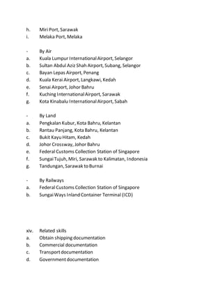 h. Miri Port, Sarawak
i. Melaka Port, Melaka
- By Air
a. Kuala Lumpur InternationalAirport, Selangor
b. Sultan Abdul Aziz Shah Airport, Subang, Selangor
c. Bayan Lepas Airport, Penang
d. Kuala Kerai Airport, Langkawi, Kedah
e. Senai Airport, Johor Bahru
f. Kuching InternationalAirport, Sarawak
g. Kota Kinabalu InternationalAirport, Sabah
- By Land
a. Pengkalan Kubur, Kota Bahru, Kelantan
b. Rantau Panjang, Kota Bahru, Kelantan
c. Bukit Kayu Hitam, Kedah
d. Johor Crossway, Johor Bahru
e. Federal Customs Collection Station of Singapore
f. SungaiTujuh, Miri, Sarawak to Kalimatan, Indonesia
g. Tandungan, Sarawak to Burnai
- By Railways
a. Federal Customs Collection Station of Singapore
b. SungaiWays Inland Container Terminal (ICD)
xiv. Related skills
a. Obtain shipping documentation
b. Commercial documentation
c. Transportdocumentation
d. Governmentdocumentation
 