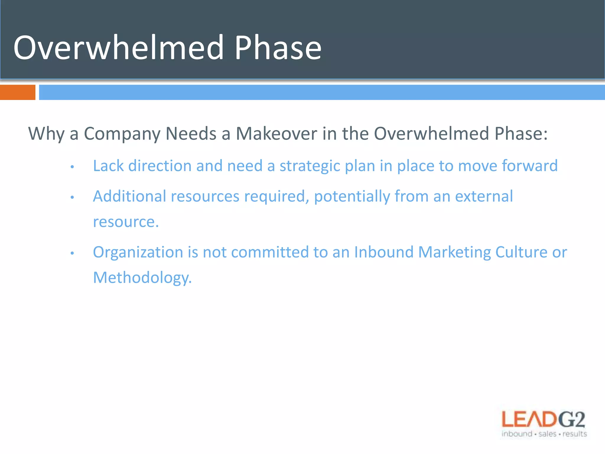 Overwhelmed Phase 
Why a Company Needs a Makeover in the Overwhelmed Phase: 
• Lack direction and need a strategic plan in place to move forward 
• Additional resources required, potentially from an external 
resource. 
• Organization is not committed to an Inbound Marketing Culture or 
Methodology. 
 