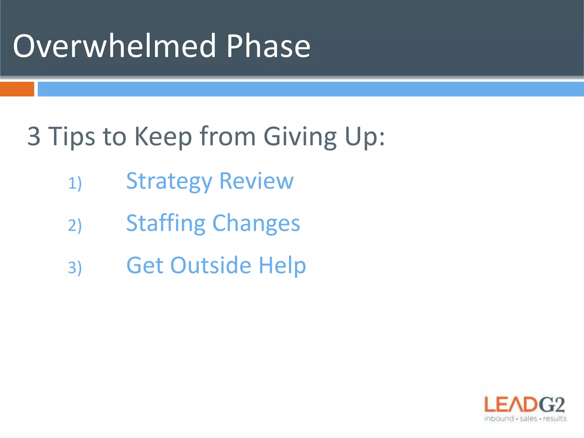 Overwhelmed Phase 
3 Tips to Keep from Giving Up: 
1) Strategy Review 
2) Staffing Changes 
3) Get Outside Help 
 
