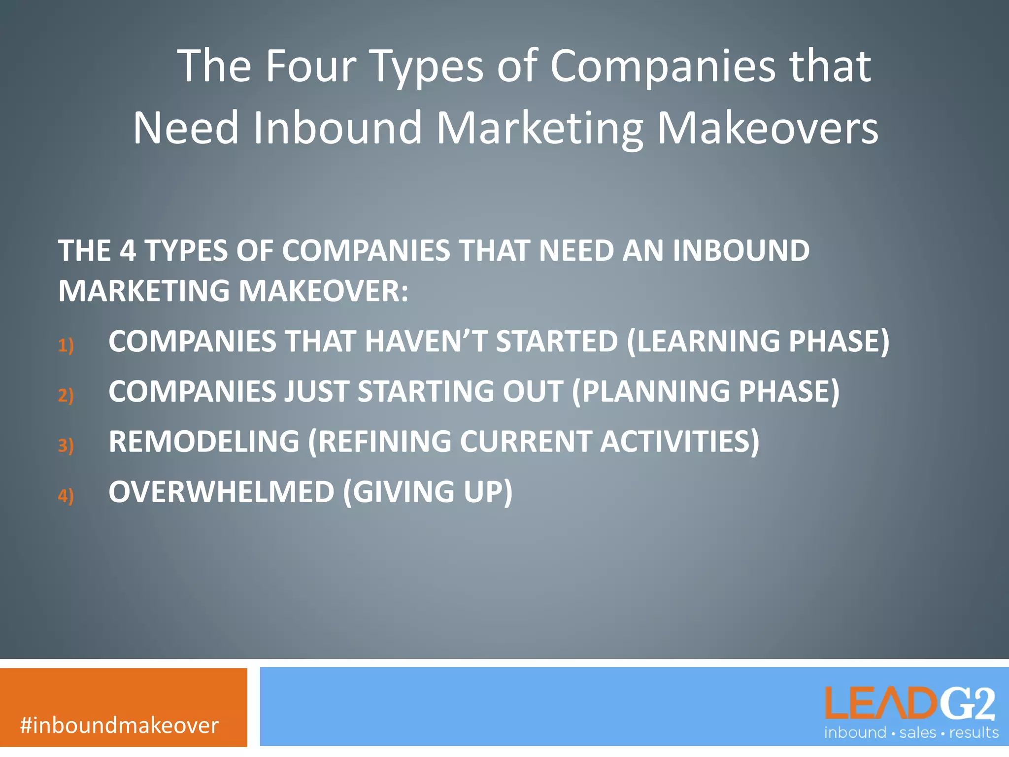 The Four Types of Companies that 
Need Inbound Marketing Makeovers 
THE 4 TYPES OF COMPANIES THAT NEED AN INBOUND 
MARKETING MAKEOVER: 
1) COMPANIES THAT HAVEN’T STARTED (LEARNING PHASE) 
2) COMPANIES JUST STARTING OUT (PLANNING PHASE) 
3) REMODELING (REFINING CURRENT ACTIVITIES) 
4) OVERWHELMED (GIVING UP) 
#inboundmakeover 
 
