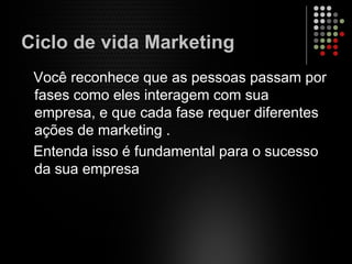 Ciclo de vida Marketing
Você reconhece que as pessoas passam por
fases como eles interagem com sua
empresa, e que cada fase requer diferentes
ações de marketing .
Entenda isso é fundamental para o sucesso
da sua empresa
 