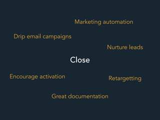 Close
Drip email campaigns
Encourage activation
Marketing automation
Great documentation
Nurture leads
Retargetting
 