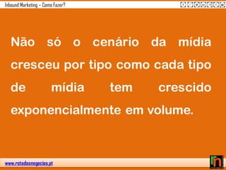www.rotadosnegocios.pt
Inbound Marketing – Como Fazer?
Não só o cenário da mídia
cresceu por tipo como cada tipo
de mídia tem crescido
exponencialmente em volume.
 