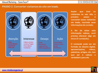 www.rotadosnegocios.pt
Inbound Marketing – Como Fazer?
PASSO 2: Converter visitantes do site em leads.
Atenção Interesse Desejo Ação
Blog
Social Media
Keywords
Web site
Calls-to-Action
Landing Pages
Formulários
Contactos
Social Media
Calls-to-Action
Email
Workflows
Email
Workflows
Lead Scoring
CRM Integrations
Assim que tiver os
visitantes no seu site, o
próximo passo é
converter esses visitantes
em leads, reunindo suas
informações de contato.
A fim de obter esta
informação valiosa, você
precisa oferecer algo em
troca (O conteúdo).
O conteúdo pode ser em
formato de ebooks digital,
apresentações, videos,
palestras, artigos, etc, tem
que ser é valioso e
verdadeiro para ele.
 