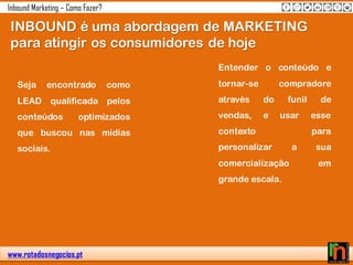www.rotadosnegocios.pt
Inbound Marketing – Como Fazer?
INBOUND é uma abordagem de MARKETING
para atingir os consumidores de hoje
Seja encontrado como
LEAD qualificada pelos
conteúdos optimizados
que buscou nas mídias
sociais.
Entender o conteúdo e
tornar-se compradore
através do funil de
vendas, e usar esse
contexto para
personalizar a sua
comercialização em
grande escala.
 