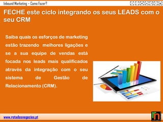 www.rotadosnegocios.pt
Inbound Marketing – Como Fazer?
Saiba quais os esforços de marketing
estão trazendo melhores ligações e
se a sua equipe de vendas está
focada nos leads mais qualificados
através da integração com o seu
sistema de Gestão de
Relacionamento (CRM).
FECHE este ciclo integrando os seus LEADS com o
seu CRM
 