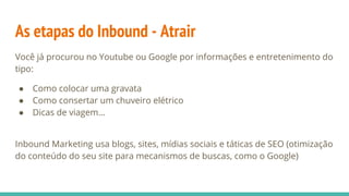 As etapas do Inbound - Atrair
Você já procurou no Youtube ou Google por informações e entretenimento do
tipo:
● Como colocar uma gravata
● Como consertar um chuveiro elétrico
● Dicas de viagem...
Inbound Marketing usa blogs, sites, mídias sociais e táticas de SEO (otimização
do conteúdo do seu site para mecanismos de buscas, como o Google)
 