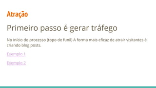 Atração
Primeiro passo é gerar tráfego
No início do processo (topo de funil) A forma mais eficaz de atrair visitantes é
criando blog posts.
Exemplo 1
Exemplo 2
 