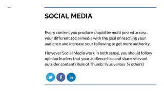 SOCIAL MEDIA
Every content you produce should be multi posted across
your different social media with the goal of reaching...