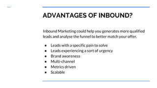 ADVANTAGES OF INBOUND?
Inbound Marketing could help you generates more qualified
leads and analyse the funnel to better ma...