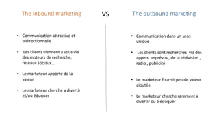The inbound marketing The outbound marketingVS
• Communication attractive et
bidirectionnelle
• Les clients viennent a vous via
des moteurs de recherche,
réseaux sociaux…
• Le marketeur apporte de la
valeur
• Le marketeur cherche a divertir
et/ou éduquer
• Communication dans un sens
unique
• Les clients sont recherches via des
appels imprévus , de la télévision ,
radio , publicité
• Le marketeur fournit peu de valeur
ajoutée
• Le marketeur cherche rarement a
divertir ou a éduquer
 