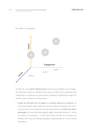 — 7
El modelo es el siguiente:
Lead nurturing y Lead scoring en el Inbound Marketing
El enfoque de InboundCycle
A partir de una matriz tridimensional como la que aparece en la imagen,
se distribuyen todos los registros de la base de datos de la empresa. Esta
ordenación es dinámica, ya que permite cambiar la clasificación según los
criterios que se indican a continuación:
→→ Grado de afinidad entre el registro y el cliente ideal de la empresa: La
compañía puede saber hasta qué punto encaja el contacto con el tar-
get que busca en el momento en que esta persona le facilita sus datos
personales, ya sea para descargarse algún contenido premium – como
un ebook o un webinar – o bien para darse de alta en un boletín de
noticias. Este nivel de afinidad quedaría representado en el eje vertical
del gráfico.
A
B
C
 
