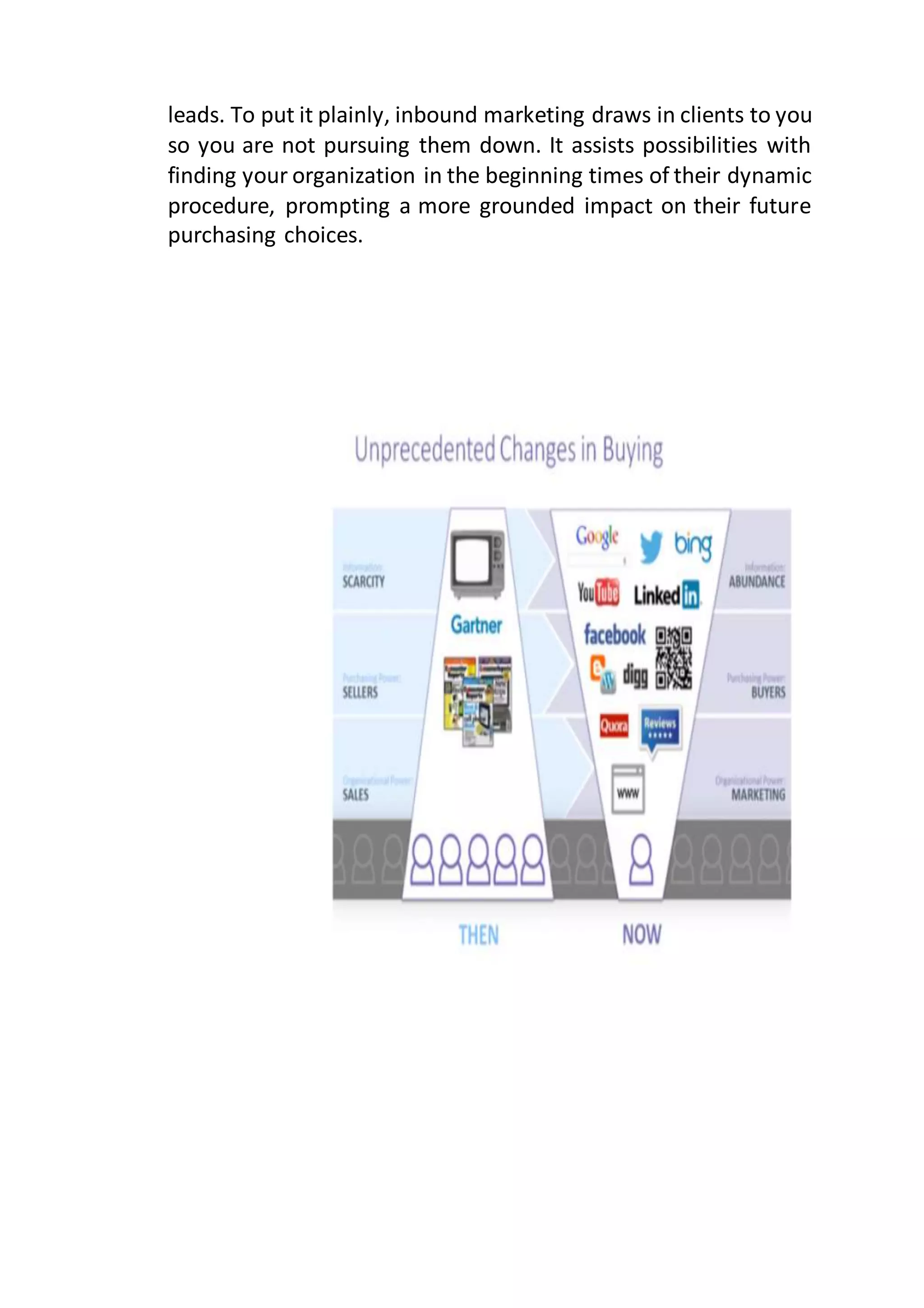 leads. To put it plainly, inbound marketing draws in clients to you
so you are not pursuing them down. It assists possibilities with
finding your organization in the beginning times of their dynamic
procedure, prompting a more grounded impact on their future
purchasing choices.
 