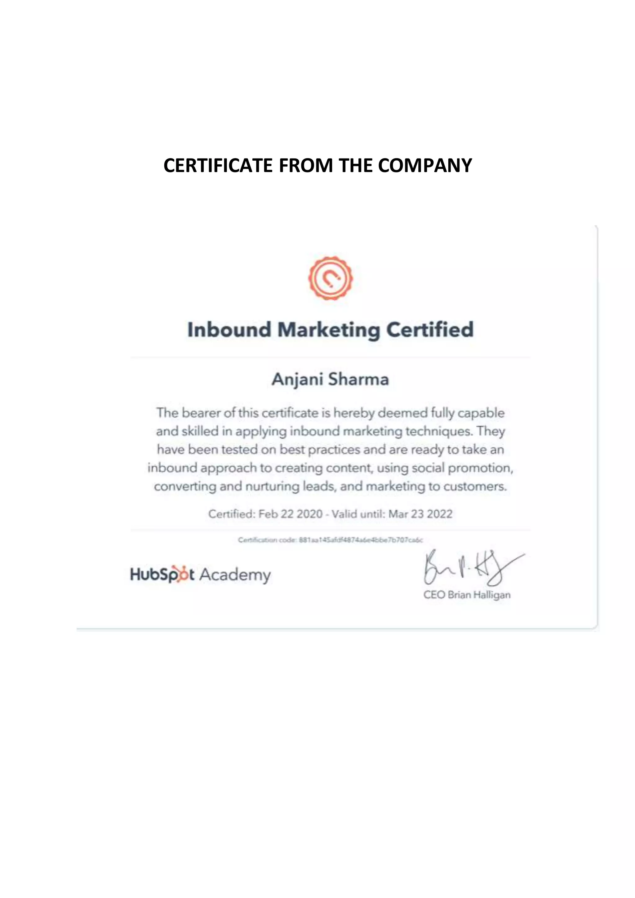 CERTIFICATE FROM THE COMPANY
 