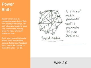 Power
Shift
Massive increases in
computing power led to Web
2.0. As Clay Shirky says, “It’s
as if when you bought a book
they threw in the printing
press for free.” We’re all
producers now.

But it also means that social
media users are also the
owners. Twitter and Facebook
don’t create the content or
make the rules – we do.




                                  Web 2.0
 